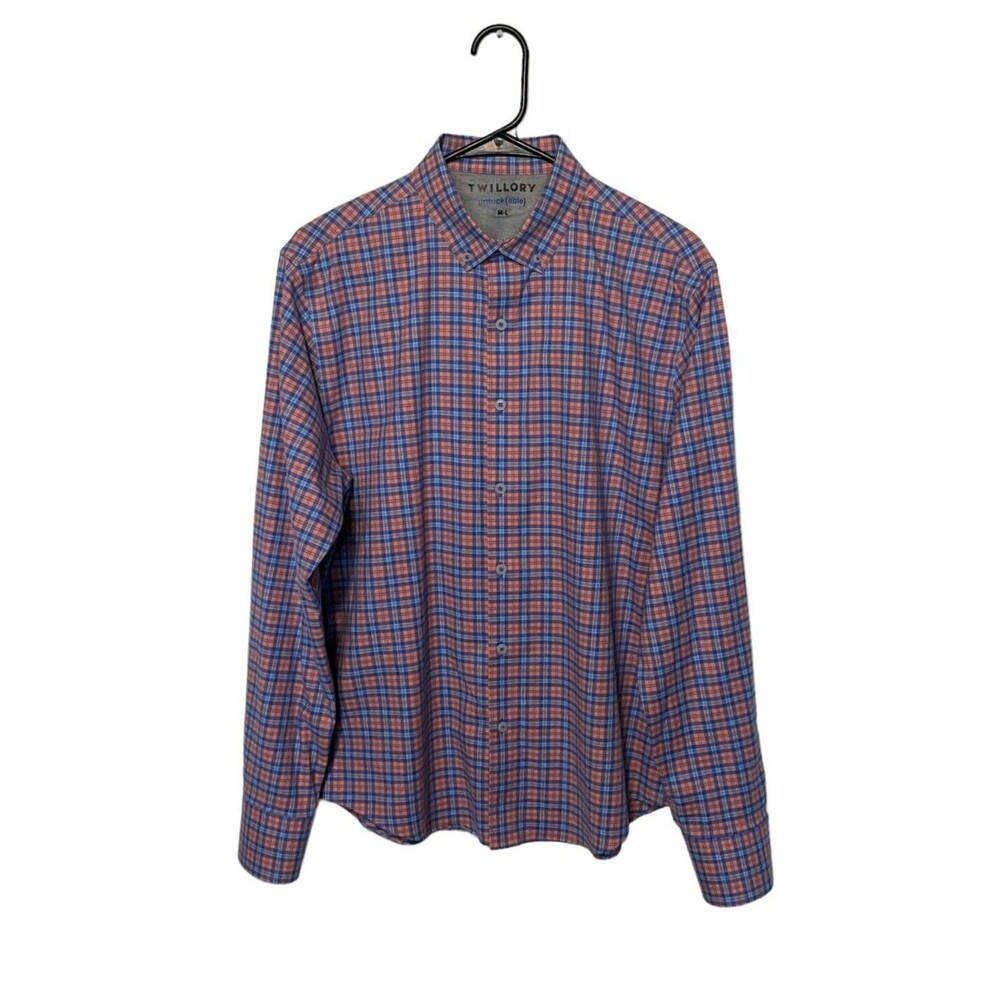 Twillory Shirt Mens Medium-Large Blue Orange Plaid Untuckable Cotton Stretch